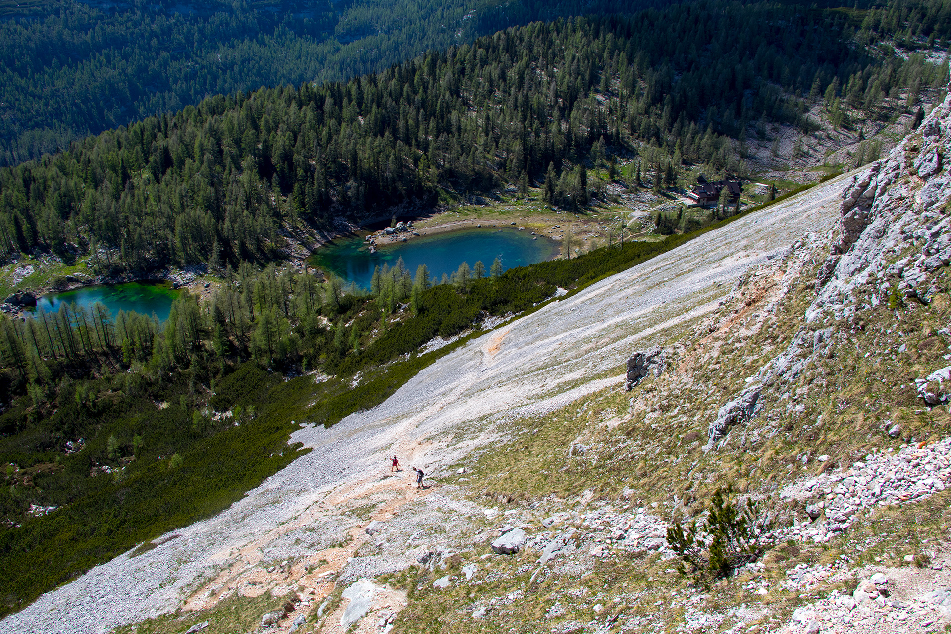 Outsidematerial_Julian_Alps_forest_mountain_lake_rocky Bela skala descend to Dvojno Jezero